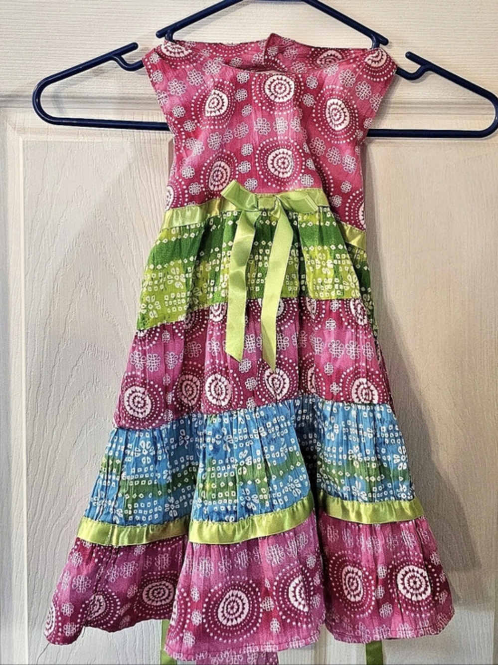 Blueberi boulevard Tiered Geometric Casual Dress in Pink & Green